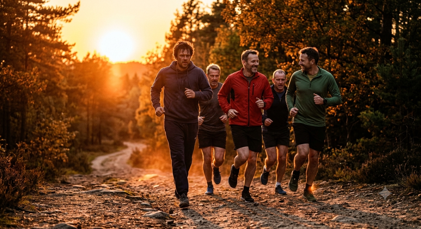 Groupe de cinq hommes qui courent ensemble sur un chemin au lever du soleil