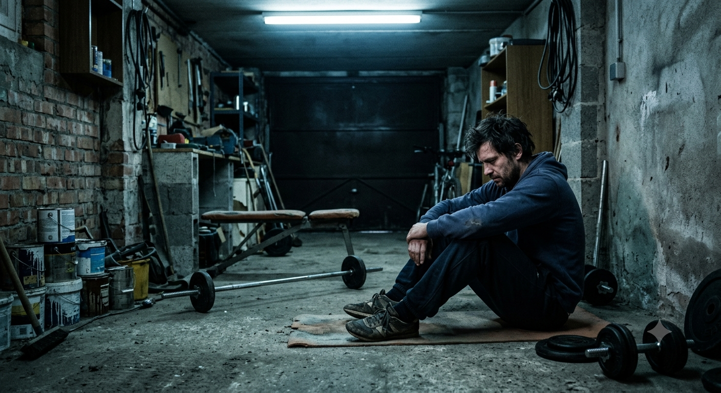 Homme seul, assis par terre dans un garage, motivation en berne